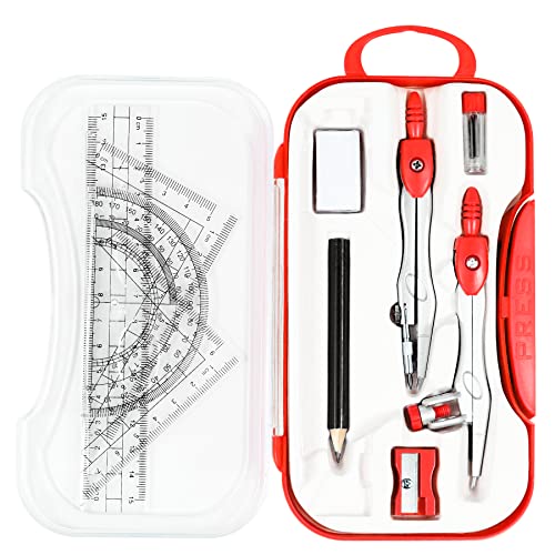Unjoo Geometry Set 10 Pcs Student Supplies, Protractor and Compass (Red) | Shatterproof Storage Box,Rulers,Protractor,Compass,Eraser,Pencil Sharpener,Lead Refills,Pencil,for Classroom, Back to School - color: Red1