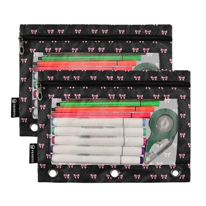 Bowknot Black Binder Pouches 3 Ring for Boys Girls School Office College Supplies Aqua Turquoise Bow Tie Pastel Color Pencil Pouches Case Bag with Clear Window and Zipper 2 Pack - color: Bow