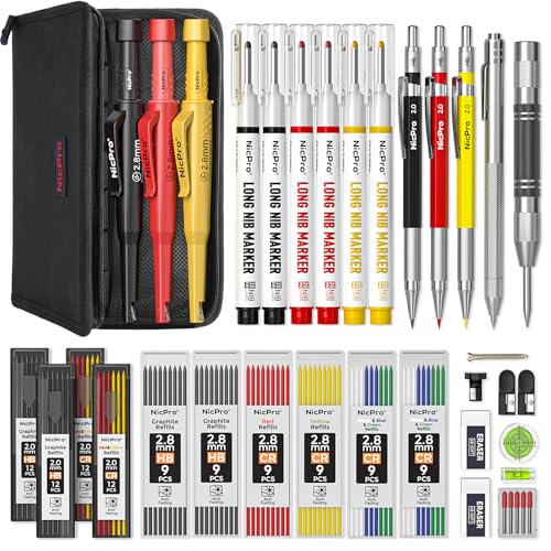 Nicpro 38Pcs Carpenter Pencil with Sharpener, Carpenter Tool in Canvas Case | 102 Refill,Carpenter Pencil Set with 6 Deep Hole Long Nib Marker Pen, Scribe Tool, Construction Pencils for Architect Marking - size: 38 Pack