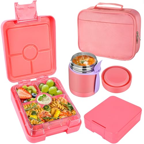 Pawtong Bento Lunch Box Set With 10oz Soup Thermo, Leak-proof Lunch Containers with 4 Compartment, Kids Hot Thermo Food Jar/Insulation Lunch Bag, Food Containers for School（Solid） - color: Pink