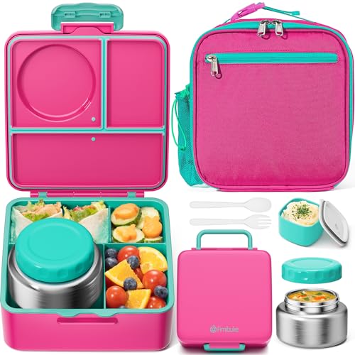 Fimibuke Bento lunch Box Set for Kids Adult with 8oz Insulated Food Jar, Lunch Bag & Sauce Cup, Leakproof Dishwasher Safe Toddler Lunch Food Container with 3-4 Compartment for School Girls Boys - color: A8.Bright Coral & Teal