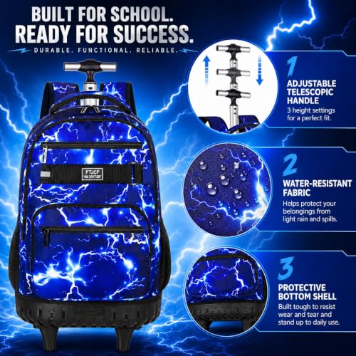 gxtvo Rolling Backpack for Men, Wheeled Bookbag with Lunch Box for Adults, Kids Water Resistant Roller School Bag for College Teens Boys Travel - Lightning Blue - color: Lightning Blue