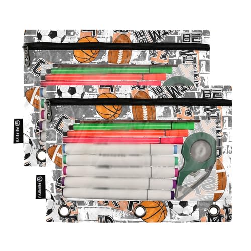 ZAZYXTJ Basketball Football Ball Binder Pencil Pouchs 3 Ring | with Zipper Clear Window Office Organizers bag for School Students Teacher Supplies 2 Pack - color: Ball