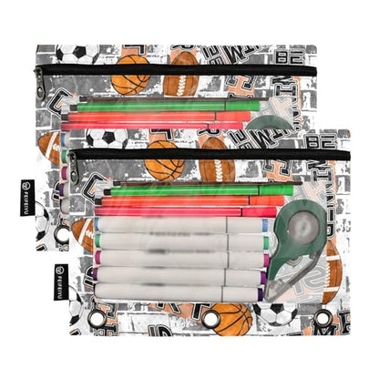 ZAZYXTJ Basketball Football Ball Binder Pencil Pouchs 3 Ring | with Zipper Clear Window Office Organizers bag for School Students Teacher Supplies 2 Pack - color: Ball