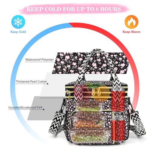 LOKASS Lunch Box for Women-16L-Insulated Lunch Bag Women, Expandable Double-layer Leakproof Cooler Bag with Upgrade Adjustable Shoulder Strap Ideal for Work/Travel/Picnics（Black Flower） - color: Black Flower