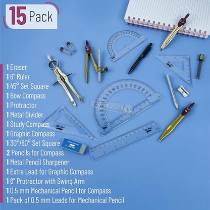 Mr. Pen- Geometry Set, 15 pcs, Gold, 6 Inch Swing Arm Protractor, Divider | Set Squares, Ruler, Compasses and Protractor - color: Gold