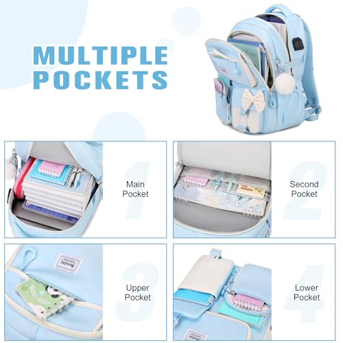 Bevalsa Backpack for Girls, Bow Bookpack with Bento Lunch Box, Insulated Bag & Utensils, 34oz Lunch Containers School Bags Set for Children Teens Kids Elementary Middle school Student (Pink) - color: Blue