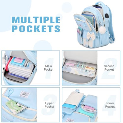 Bevalsa Backpack for Girls, Bow Bookpack with Bento Lunch Box, Insulated Bag & Utensils, 34oz Lunch Containers School Bags Set for Children Teens Kids Elementary Middle school Student (Pink) - color: Blue