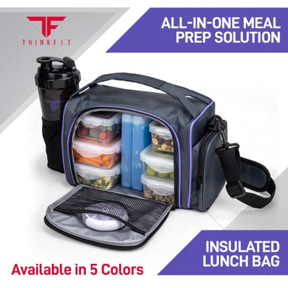 Insulated Meal Prep Lunch Box with 6 Containers, 2 Ice Packs, Purple | Leak-Proof BPA-Free Containers, Shaker Cup, Pill Organizer, Microwave and Freezer Safe, for Work and Gym, ThinkFit - color: Purple