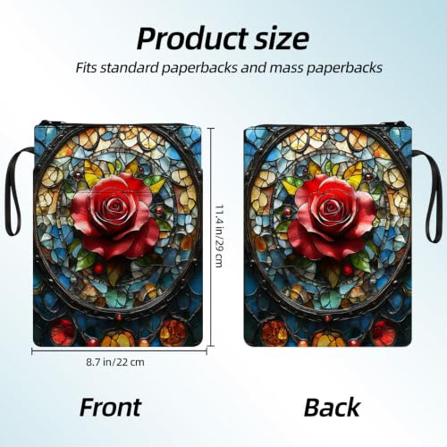 Padded Book Sleeve with Zipper & Front Pocket, Fabric Book Cover | Stained Glass Red Rose Cross11.4"x8.7" Washable Canvas Pouch for Hardcovers, Tablets & Reading Accessories - color: Stained Glass Red Rose Cross