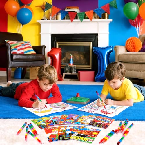 BenLouis 24 Hero Mini Coloring Books Kids with 24 Stacking Crayons Hero Party Favors Activity Books Bulk for Kids Hero Goodie Bag Gift Stuffer Classroom Reward - style: Hero
