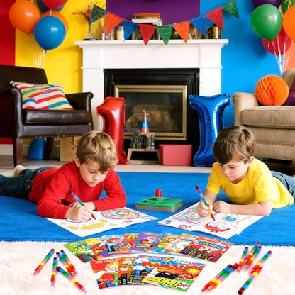 BenLouis 24 Hero Mini Coloring Books Kids with 24 Stacking Crayons Hero Party Favors Activity Books Bulk for Kids Hero Goodie Bag Gift Stuffer Classroom Reward - style: Hero