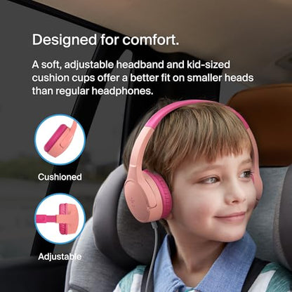 Belkin SoundForm Mini Kids Wired Headphones with Built-in Microphone & Fun Stickers, 85dB Safe Volume Limit – for Online Learning, Travel, Compatible w/iPhone 15, iPad, Galaxy S23, & More - Pink - color: Pink, style: Wired