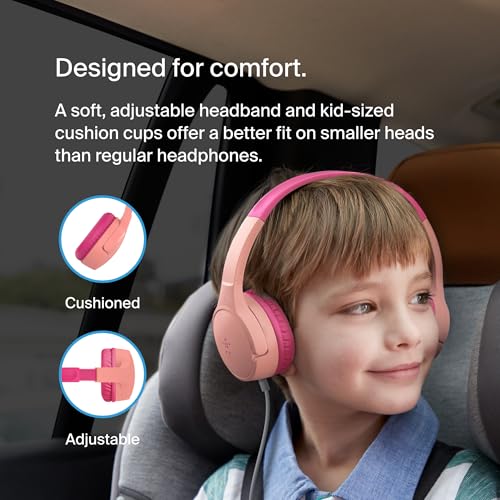 Belkin SoundForm Mini Kids Wired Headphones with Built-in Microphone & Fun Stickers, 85dB Safe Volume Limit – for Online Learning, Travel, Compatible w/iPhone 15, iPad, Galaxy S23, & More - Pink - color: Pink, style: Wired
