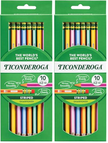 Ticonderoga® Striped Wood Pencils, 2 Soft Lead, Assorted Colors, Pack of 20 - size: 10 Count (Pack of 2)