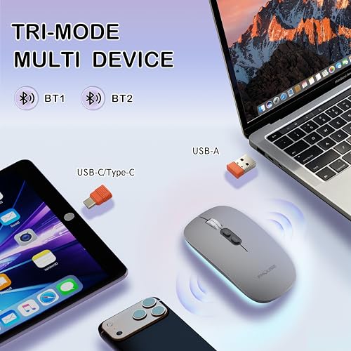 FMOUSE Slim Wireless Mouse, Tri-Mode 2.4G & Bluetooth, Rechargeable – Grey | USB-A & USB-C Receiver | Silent Click | One-Key Desktop | Works with Mac, iPad & Laptops | Long-Life Battery | Portable - color: Grey