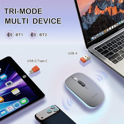 FMOUSE Slim Wireless Mouse, Tri-Mode 2.4G & Bluetooth, Rechargeable – Grey | USB-A & USB-C Receiver | Silent Click | One-Key Desktop | Works with Mac, iPad & Laptops | Long-Life Battery | Portable - color: Grey