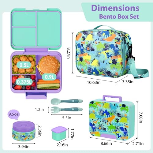 Kids Bento Lunch Box Set with 9.5oz Soup Thermo, Leak-Proof Lunch Food Containers with 3 Compartment and Removable Inner Tray, Insulated Hot Food Jar with Lunch Bag for School, Office, Dinosaur Green - color: Dinosaur Green