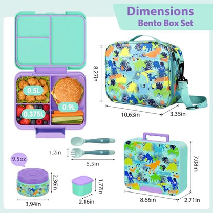 Kids Bento Lunch Box Set with 9.5oz Soup Thermo, Leak-Proof Lunch Food Containers with 3 Compartment and Removable Inner Tray, Insulated Hot Food Jar with Lunch Bag for School, Office, Dinosaur Green - color: Dinosaur Green