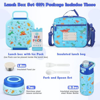 Bento Lunch Box for Kids with 7oz Soup Thermo,Insulated Stainless Steel Kids Water Bottle with Straw and Insulated Lunch Bag,Leak-Proof Lunch Food Container with Ice Pack for School(Blue-Dinosaur) - color: Blue-Dinosaur