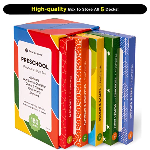 Award-Winning Flash Cards for Preschool & Kindergarten – 5-Deck Set, 180 Jumbo Cards – Learn Alphabet, Numbers, Colors, Shapes, First Words, Opposites & Rhyming – for Kids Ages 3–5