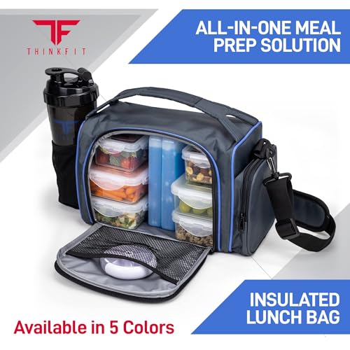 ThinkFit Insulated Lunch Box with 6 Portion Control Containers, Pill Dispenser, Shaker Cup & Ice Packs - BPA-Free, Reusable, Microwavable, Freezer Safe - Blue - color: Blue