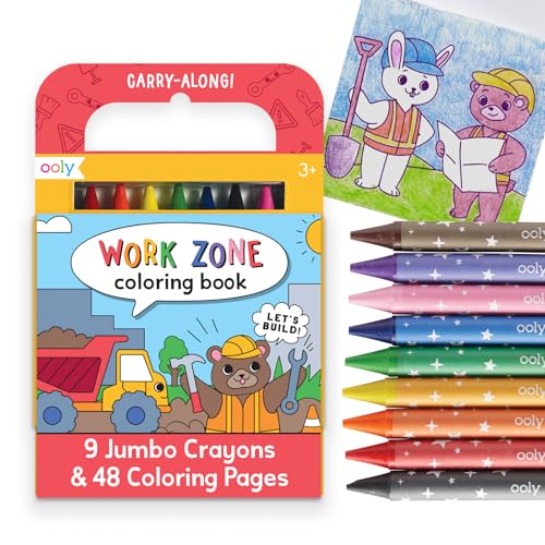 Ooly Kids Travel Activity Kit – 9 Jumbo Crayons & 48 Coloring Pages, Car Crafts for Kids, Mess-Free Road Trip Art Set, Airplane Activities – Work Zone - color: Work Zone