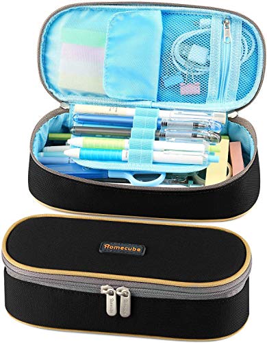 Homecube Pencil Case Big Capacity Waterproof Pencil Pouch Oxford Make-up Pen Case Durable Stationery Bag Pen Holder for Man & Women - color: Black, size: 8.26 x 3.54 x 2 inches