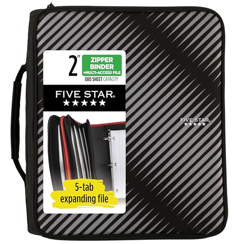 Five Star Zipper Binder, 2 Inch 3-Ring Binder with Round Rings, 5-Tab Expanding File, 380 Sheet Capacity, Black (72536) - color: Black, size: 2 Inch Zipper Binder