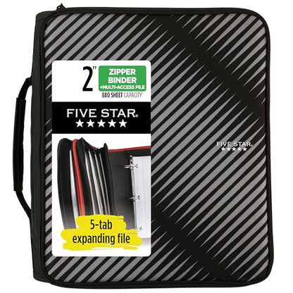 Five Star Zipper Binder, 2 Inch 3-Ring Binder with Round Rings, 5-Tab Expanding File, 380 Sheet Capacity, Black (72536) - color: Black, size: 2 Inch Zipper Binder