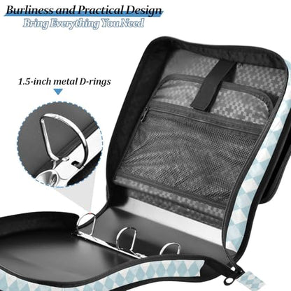 Blue White Diamond Checkered Plaid Striped Binder Bag 3 Ring Zipper Binders with Shoulder Strap for School Office Organizer Storage - color: Q007