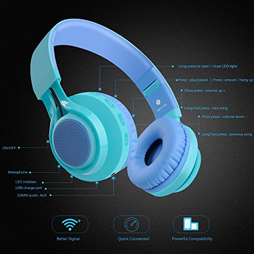 Riwbox WT-7S Kids Bluetooth Headphones, LED Light Up Wireless Foldable Stereo Headset with Microphone and Volume Control for PC/Tablet/TV/Travel (Blue) - color: Blue&Green