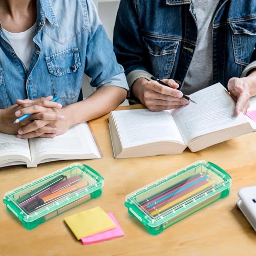 Gueevin 24 Pcs Large Capacity Plastic Pencil Box Clear Plastic Pencil Case Crayon Box with Snap Tight Lid Watercolor Pen Storage Brush Organizer Drawing Tools Container (Green) - color: Green