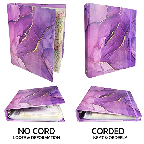 Mini Binders 5.5 x 8.5 Three Ring, Decorative Hardcover With Elastic Cord, 1 Inch Purple Marble Design, for School, Office, and Home Use, Playbill and Recipe Binder, 2 Pack