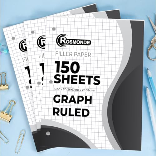 Rosmonde 3600 Sheets Loose Leaf Paper Bulk, 24 Pack, Graph Ruled Paper Bulk | Quad Ruled Sheets, 8" x 10.5", Bulk Notebook Papers, 3 Hole Punched, Graph Ruled Filler Paper for Binders, 150 Sheets/Pack - color: Graph Ruled, size: 24 Pack (3600 Sheets)