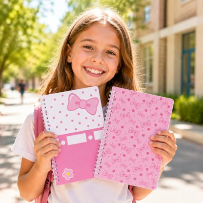 Hello Pink Cat Spiral Notebooks - 2 Pack Cute Pink Bow Design A5 College Ruled Journal with 50 Sheets 100 Pages, Office Travel Back to School Supplies Birthday Gift for Kids (Bow Kitten)