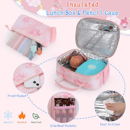 Girls Backpack,Cute Print School Kids Backpack with Insulated Lunch Box Pen Case Set,Kindergarten Elementary School Book Bag for Girls Children Students(3 pieces set -Pink) - color: 3 Pieces Set -Pink