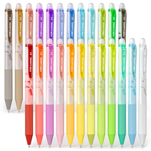 Four Candies 0.7mm Erasable Gel Pens, Make Mistakes Disappear Colored Pens, 24 Colors Retractable Fine Point Erasable Pens for Writing, Drawing, Planner & School Supplies