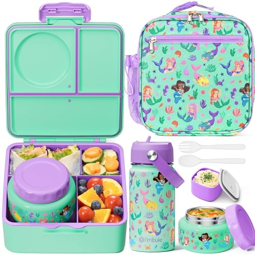 Fimibuke Bento Box for Kids Adult - Leakproof 3-4 Compartments Lunch Bento Box Set with Insulated Food Jar, Water Bottle, Lunch Bag, Sauce Cup & Cutlery for Toddler Teen Shcool Girl Boy Age 3+ - color: A1.Mermaids