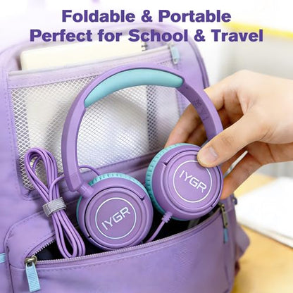 K6C Kids Headphones with USB-C, for Toddler & Kids Ages 2-12, 85dB Safe Volume Limited, Adjustable Headband & Foldable Wired, On-Ear Headphones for School, Travel, Tablet, iPad - color: Purple