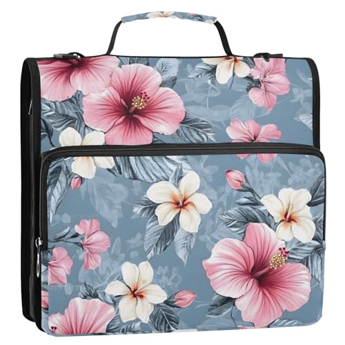 3 Ring Zipper Binder with Shoulder Strap Pink Hibiscus Flower 2 Inch Zippered Binder Bag 500 Sheet Capacity Multi Pockets for School Supplies - color: Multi13
