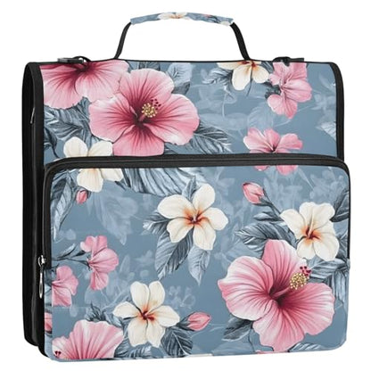 3 Ring Zipper Binder with Shoulder Strap Pink Hibiscus Flower 2 Inch Zippered Binder Bag 500 Sheet Capacity Multi Pockets for School Supplies - color: Multi13