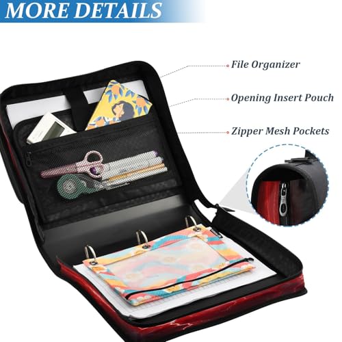 Red Lightning Zipper Binder 3 Ring with Shoulder Strap and Handle Multiple Pockets Expanding File Folder Organizer