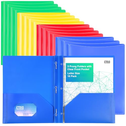 KTRIO 16 Pack 3 Prong Folders, Clear Front Pocket, Letter Size, 4 Colors | Clear Front Pocket, 3 Prong Fasteners, Heavy Duty Poly, Letter Size Fit, 16 Pack 4 Colors - size: 16 Pack, style: 3 Prongs