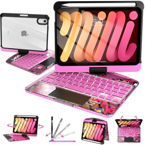 Intermerge Keyboard Case for iPad mini 7 (A17 Pro, 2024) & Mini 6 (2021) 8.3" - 360° Swivel Multi-Touch Trackpad, 7-Color RGB Backlit Keys, Pencil Holder, Type-C Charging, Power Indicator-Blush Pulse - color: Blush Pulse, size: Mini 7th(a17 Pro)/ Mini 6th