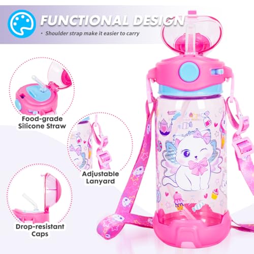 Kids Water Bottle with Straw/Lanyard for School Kids Girls Boys, 22oz BPA Free Child Drinking Water Bottle One-Click-Open Leak-Proof Locking Flip Lid for School Sport Travel - color: H07. Cat