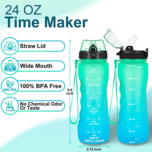24 OZ Motivational Kids Water Bottle With Time Marker,Straw Lid,Leak Proof, Tritan BPA Free Sports Water Bottle Green-Blue(1 Lid) - color: Green Blue