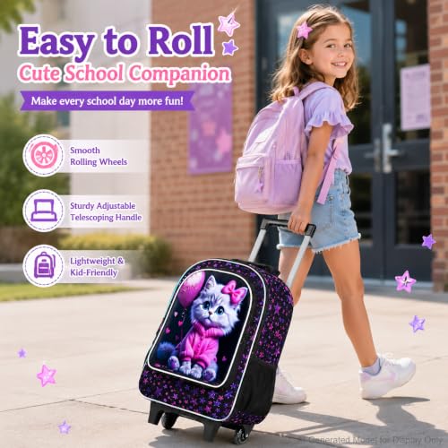WZLVO 3PCS Wheeled Backpack, 18" Sparkling Cat Print Girls Rolling Backpack, Includes Matching Lunch Bag & Pencil Bag - Cat in Pink Dress (Purple) - color: 3PCS Girls Rolling Backpack - Cat in Pink Dress