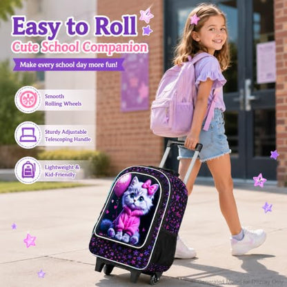 WZLVO 3PCS Wheeled Backpack, 18" Sparkling Cat Print Girls Rolling Backpack, Includes Matching Lunch Bag & Pencil Bag - Cat in Pink Dress (Purple) - color: 3PCS Girls Rolling Backpack - Cat in Pink Dress