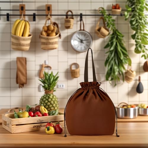Reusable Lunch Bag,Canvas Drawstring Lunch Bag, Lunch Tote for Work, School, or Picnics, Lightweight & Waterproof, Keeps Food Fresh All Day(Dark Chocolate) - color: Dark Chocolate